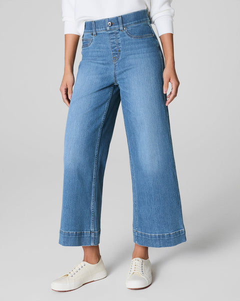 Pull On Crop Stonewashed Blue Wide Leg Jean