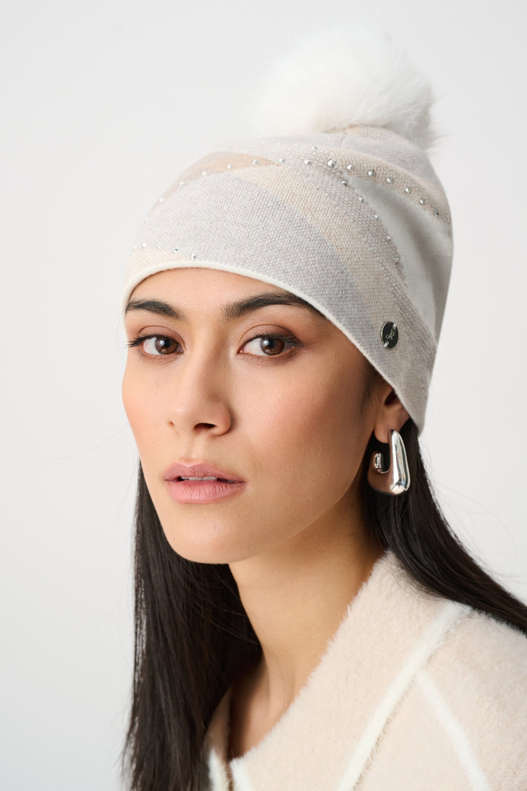 Pompom Rhinestone Argyle Double Layer Knit Hat