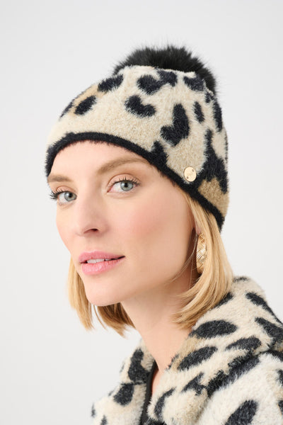 Pompom Animal Print Knit Hat