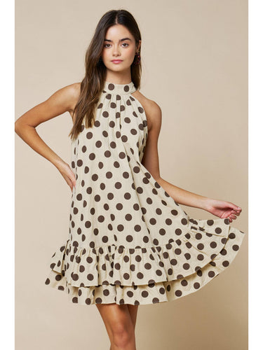 Polka Dot Mock Neck Ruffled Layered Hem Shift Dress