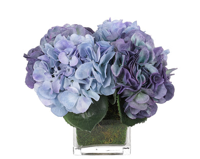 BLUE HYDRANGEA FLORAL IN GLASS CUBE