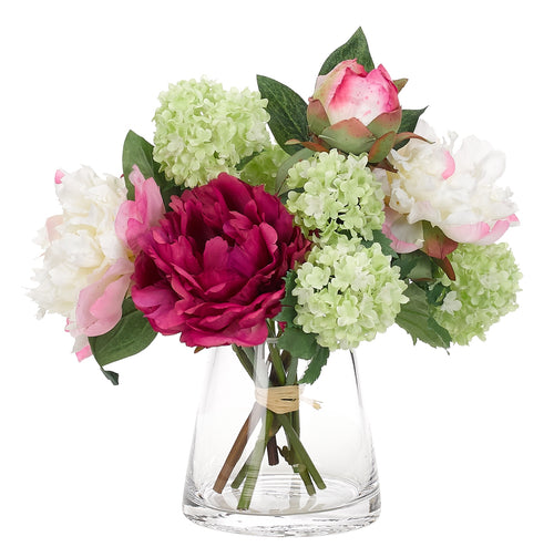 PEONY HYDRANGEA SNOWBALL FUCHSIA/ CREAM PINK IN GLASS