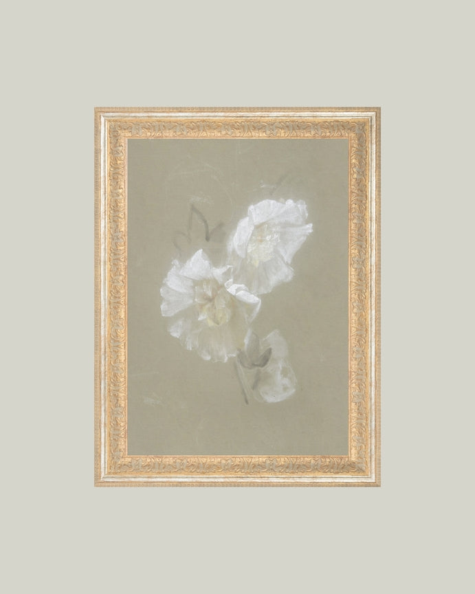 Sage and White Flowers Framed Antique Art 24x20