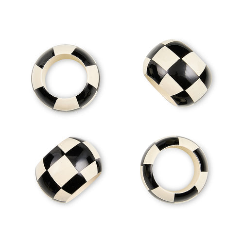 Black and White Check Wood Napkin Rings, Set of 4