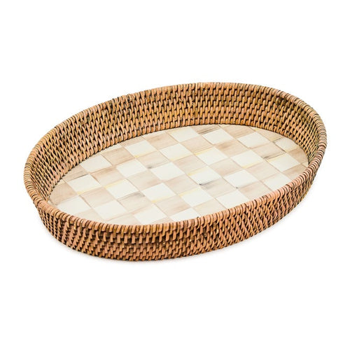 Mocha Check Enamel and Rattan Large Tray