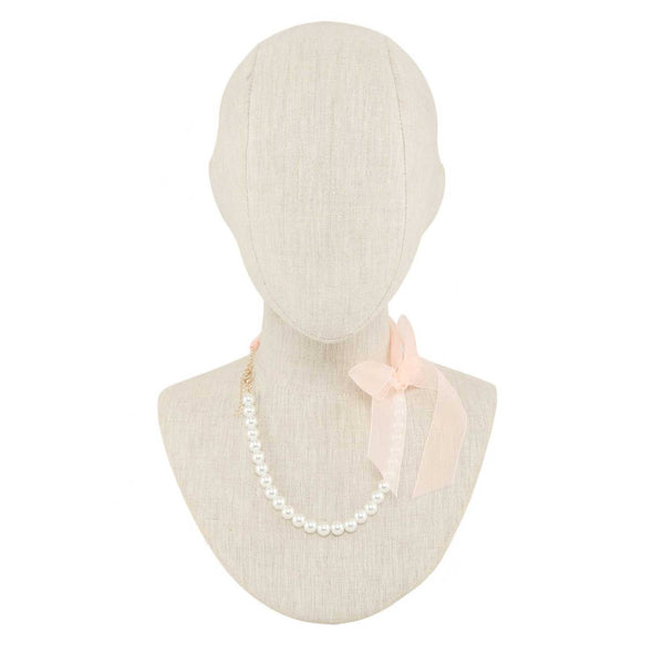 Pink Ribbon and Pearl Beaded Chain Necklace