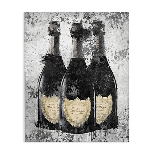 Champagne Bottles Grey Gold Ink Illustration 24x30