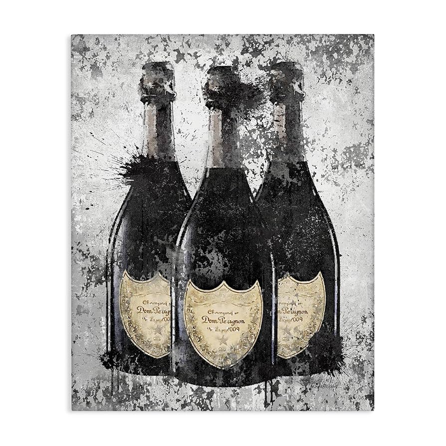 Champagne Bottles Grey Gold Ink Illustration 24x30
