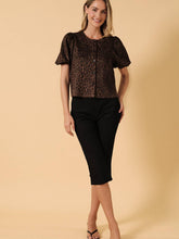 Round Neck Half Puff Sleeve Button Up Top