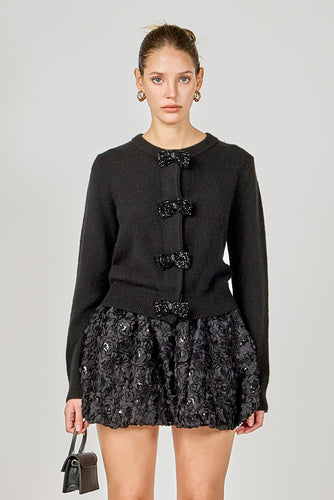 Round Neck Bow Trim Cardigan