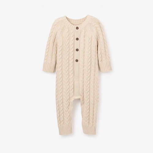 Wheat Horseshoe Cable Knit Baby Jumpsuit 3-6M
