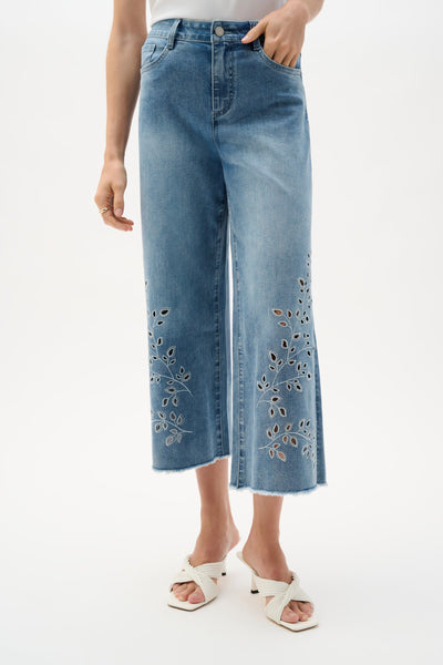 Wide Leg Embroidered Cropped Light Blue Denim  Jean