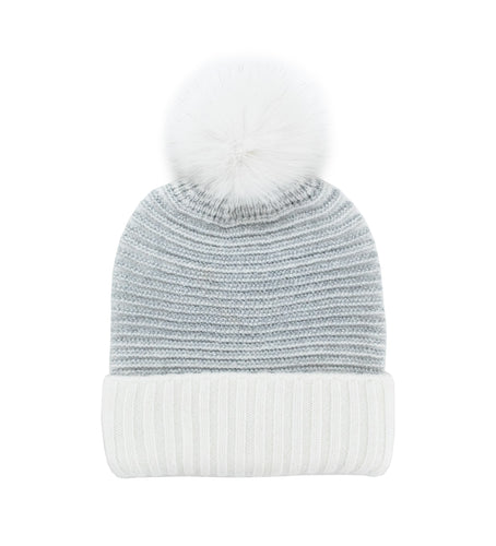 Silver Lurex Ribbed Fox Pom Hat