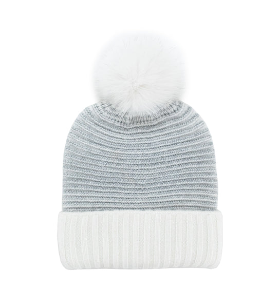 Silver Lurex Ribbed Fox Pom Hat