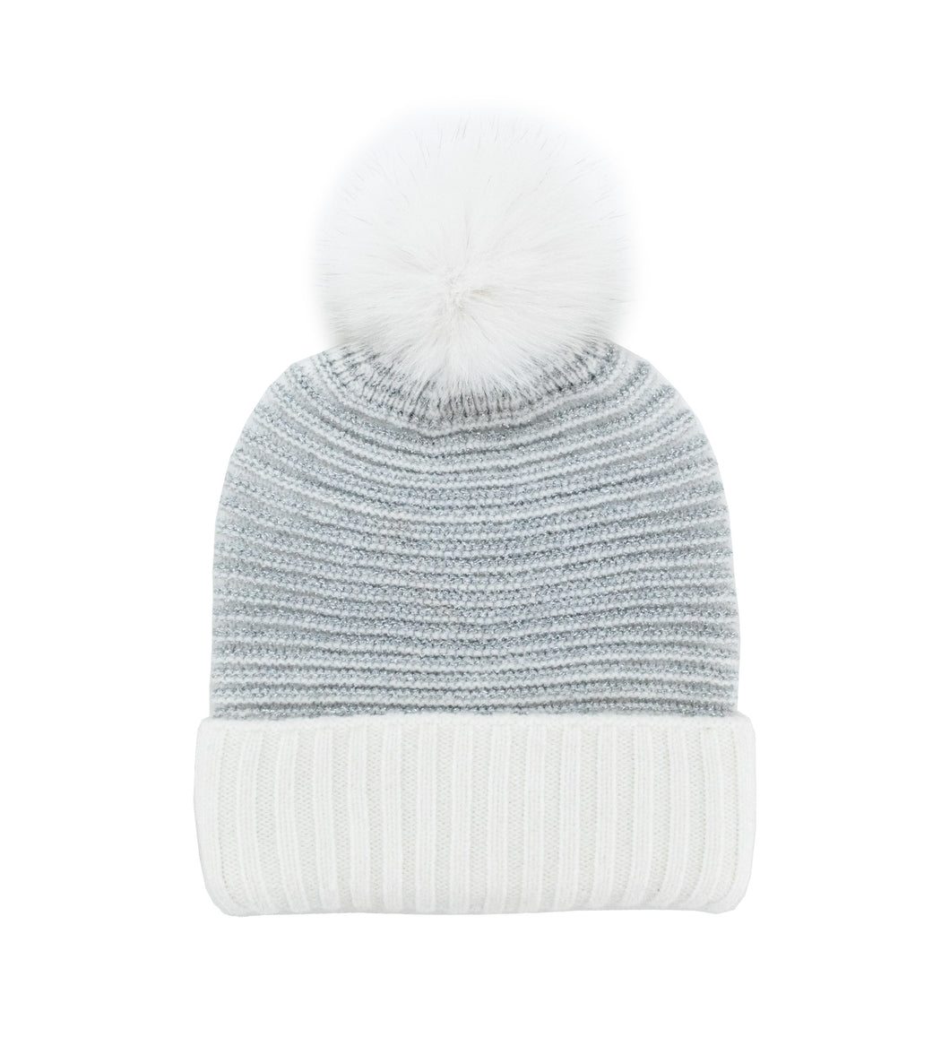 Silver Lurex Ribbed Fox Pom Hat