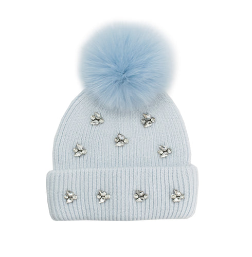 Blue Crystal Stones Fox Pom Hat