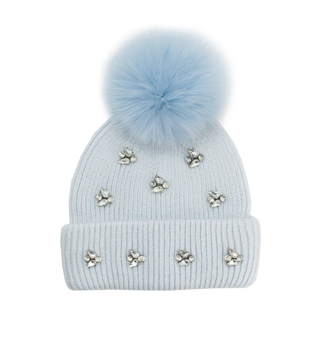 Blue Crystal Stones Fox Pom Hat