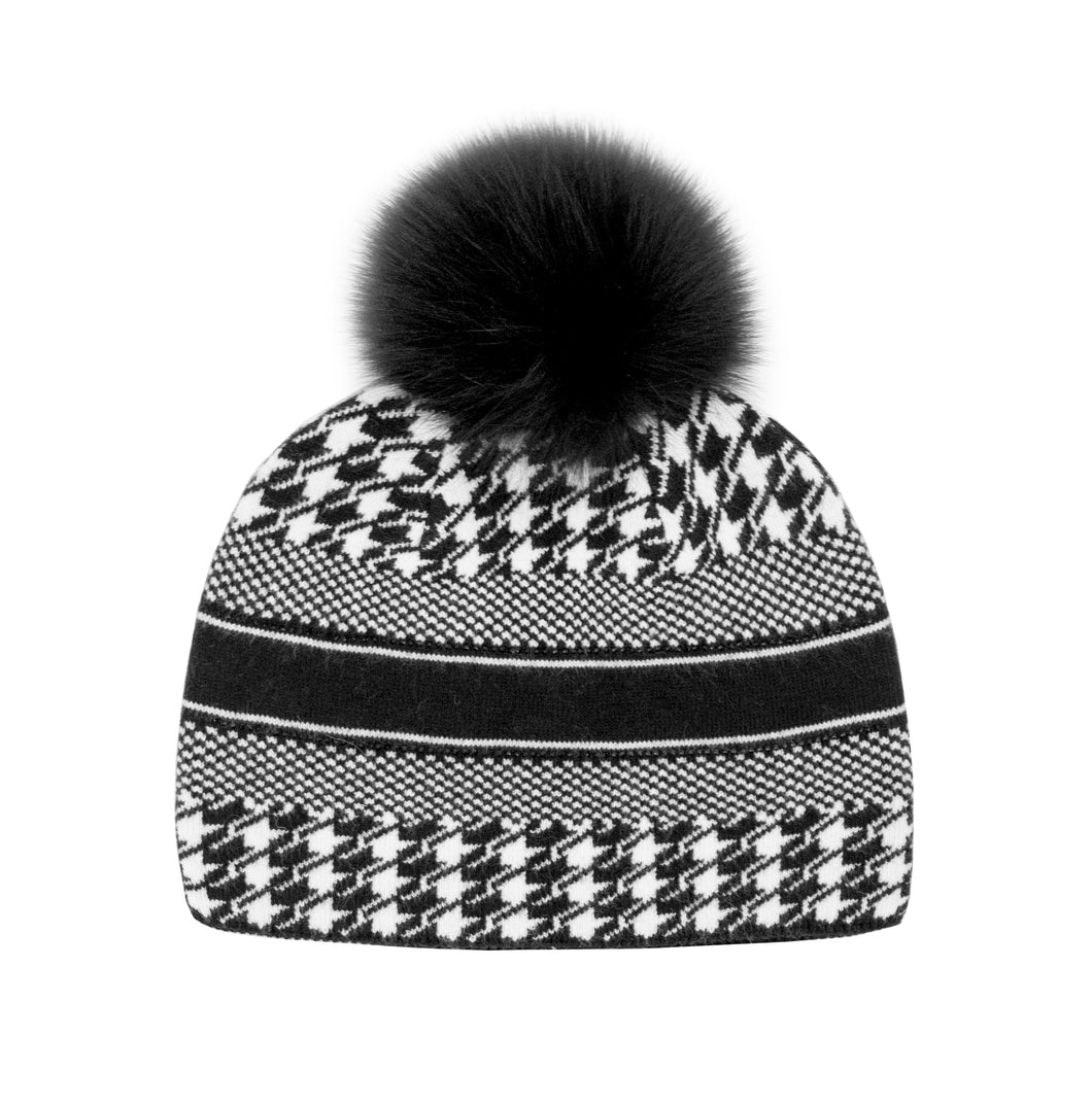 Black Houndstooth Fox Pom Hat