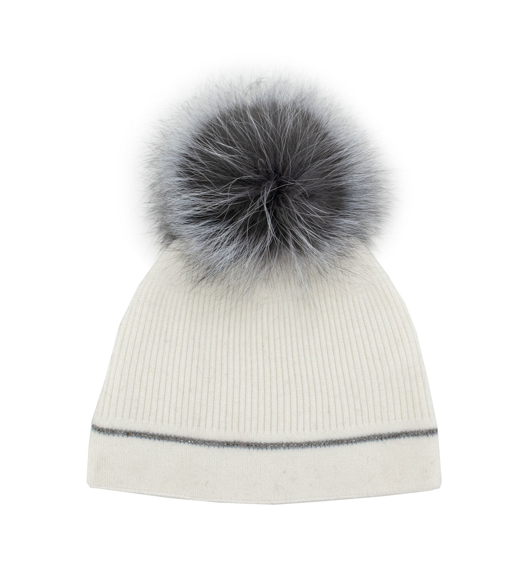 White Crystal Line Fox Pom Hat