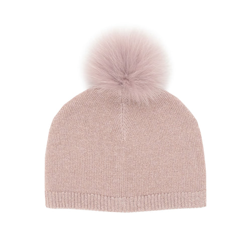 Dusty Pink Lurex Fox Pompom Knit Hat