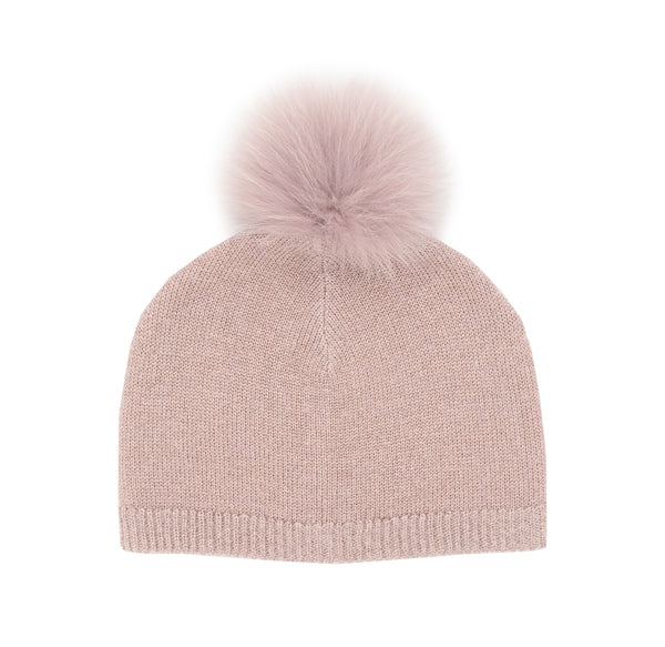 Dusty Pink Lurex Fox Pompom Knit Hat
