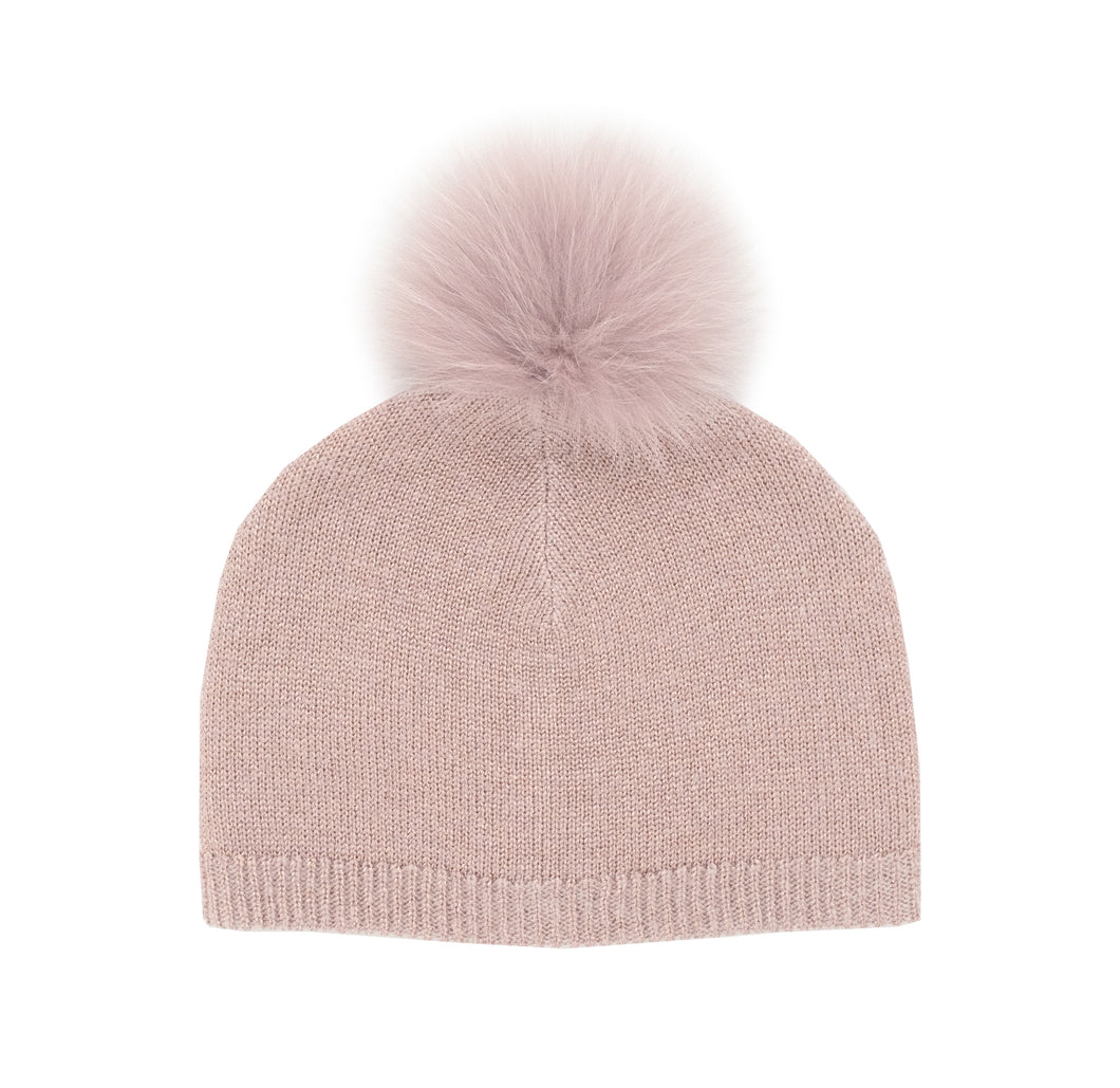 Dusty Pink Lurex Fox Pompom Knit Hat