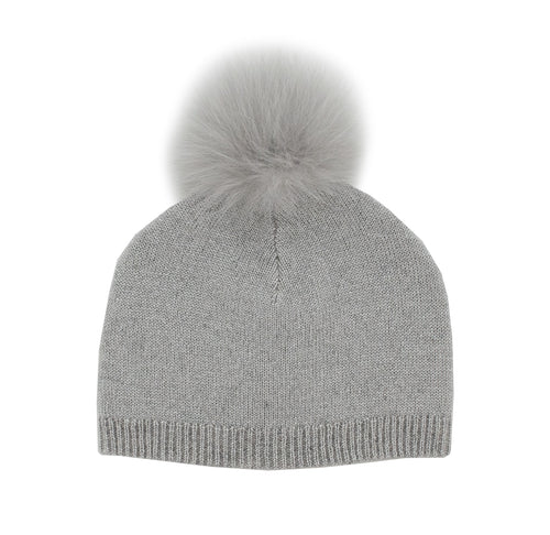 Silver Lurex Fox Fur Pompom Knit Hat
