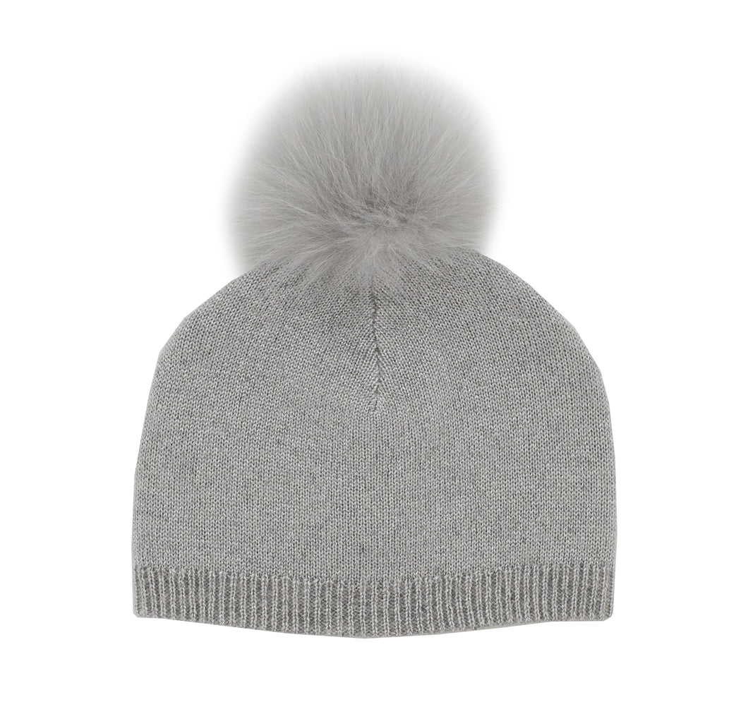 Silver Lurex Fox Fur Pompom Knit Hat