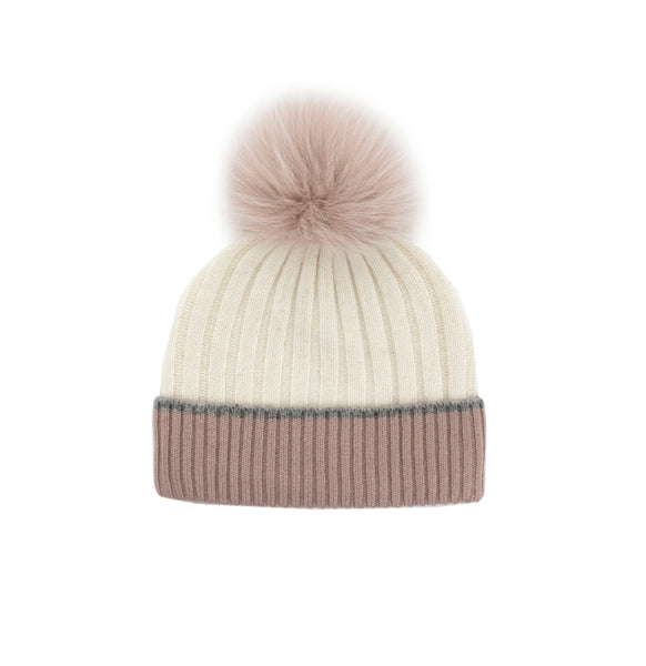 Ivory Dusty Pink Fox Pom Knit Hat