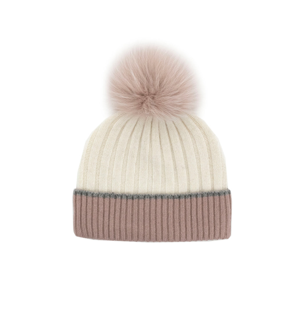 Ivory Dusty Pink Fox Pom Knit Hat