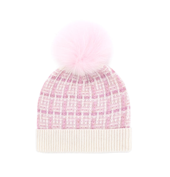 Soft Pink Tweed Fox Pom Knit Hat