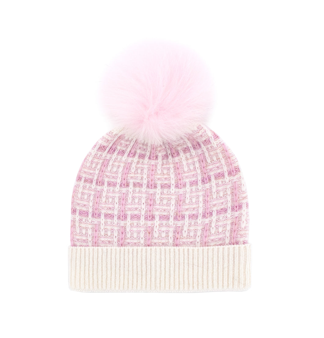 Soft Pink Tweed Fox Pom Knit Hat
