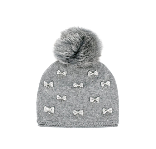 Grey Scattered Bows Fox Fur Pom Hat