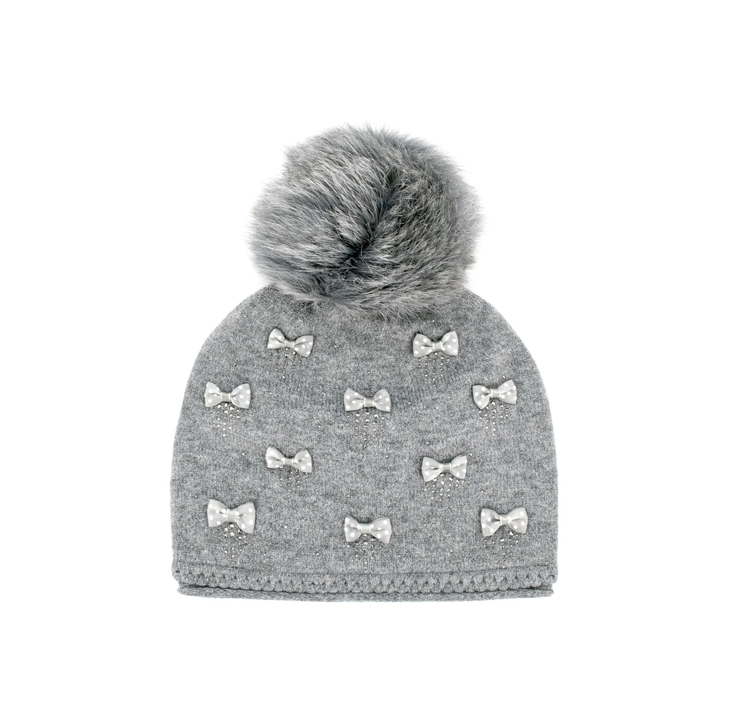 Grey Scattered Bows Fox Fur Pom Hat