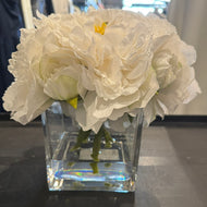 Rustic White Peony in Square Glass Vase-Medium