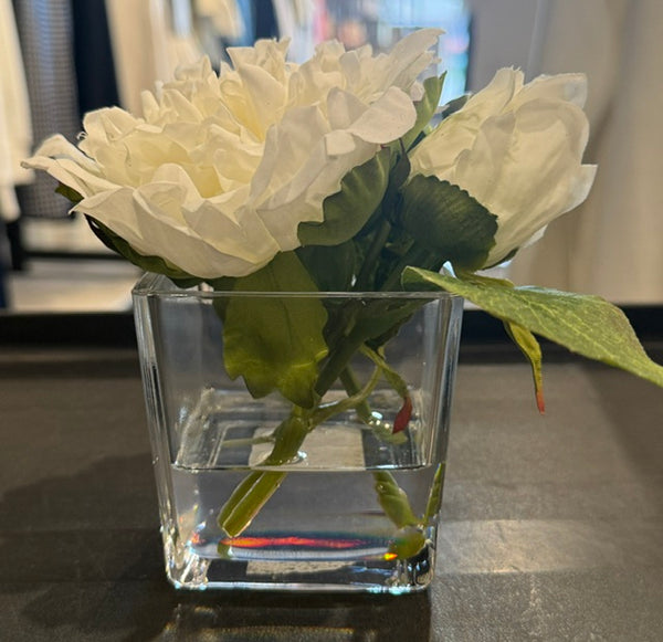 White Peony in Square Glass Vase-Small