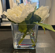 White Peony in Square Glass Vase-Small
