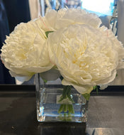 White Peony in Square Glass Vase-Small
