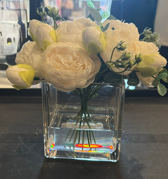 White Rose in Square Glass Vase-Small
