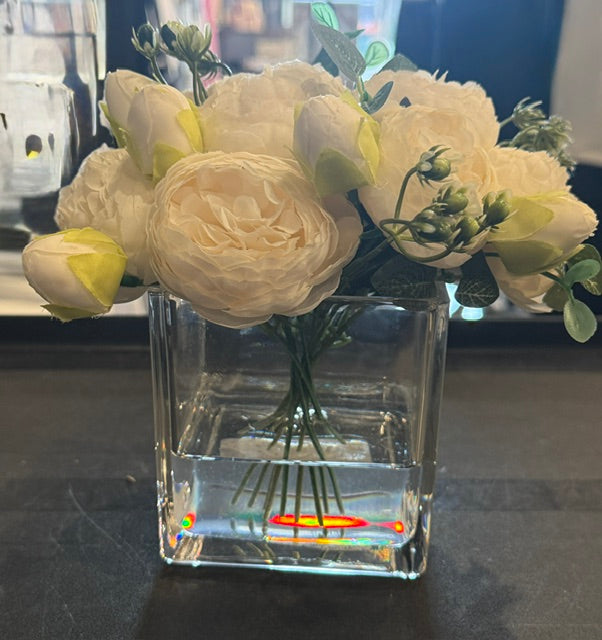 White Rose in Square Glass Vase-Small