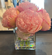 Pink Peony in Square Glass Vase-Small
