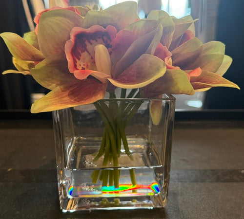 Green Cymbidium in Square Glass Vase-Small
