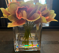 Green Cymbidium in Square Glass Vase-Small