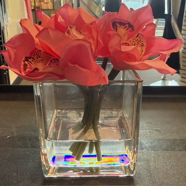 Pink Cymbidium in Square Glass Vase-Small