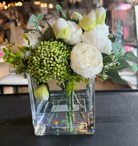 White Rose Green Berry in Square Glass Vase-Medium