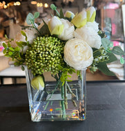 White Rose Green Berry in Square Glass Vase-Medium