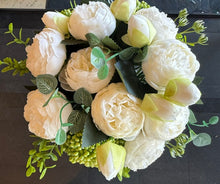 White Rose Green Berry in Square Glass Vase-Medium