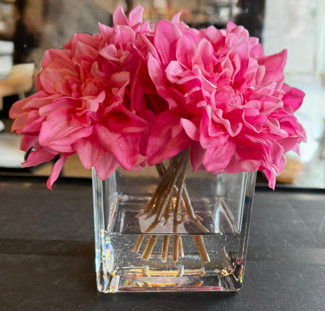 Rose Pink Dahlia in Square Glass Vase-Medium
