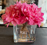 Rose Pink Dahlia in Square Glass Vase-Medium