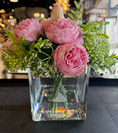 Pink Rose Green Berry in Square Glass Vase-Medium